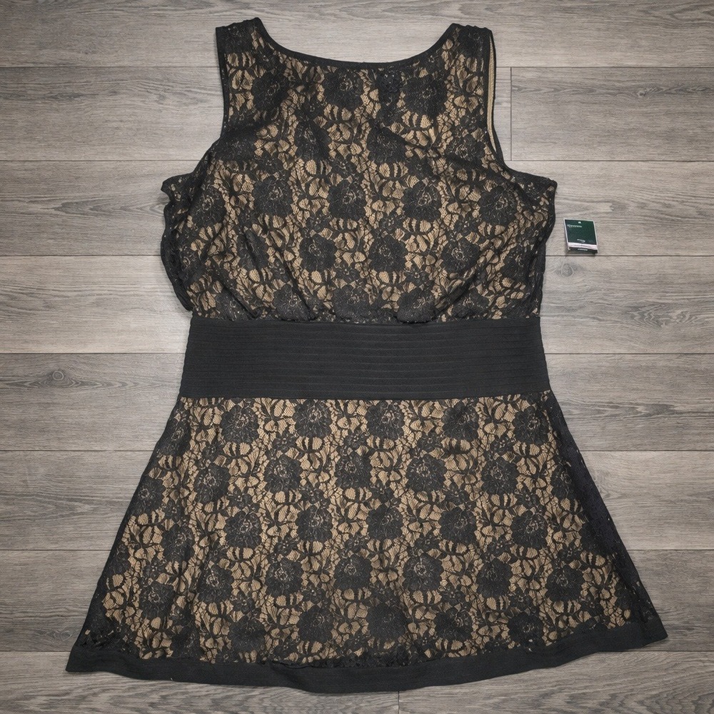 Gabby Skye Womens 22W Black Floral Lace Sequin Fit & Flare Dress Tan Lined